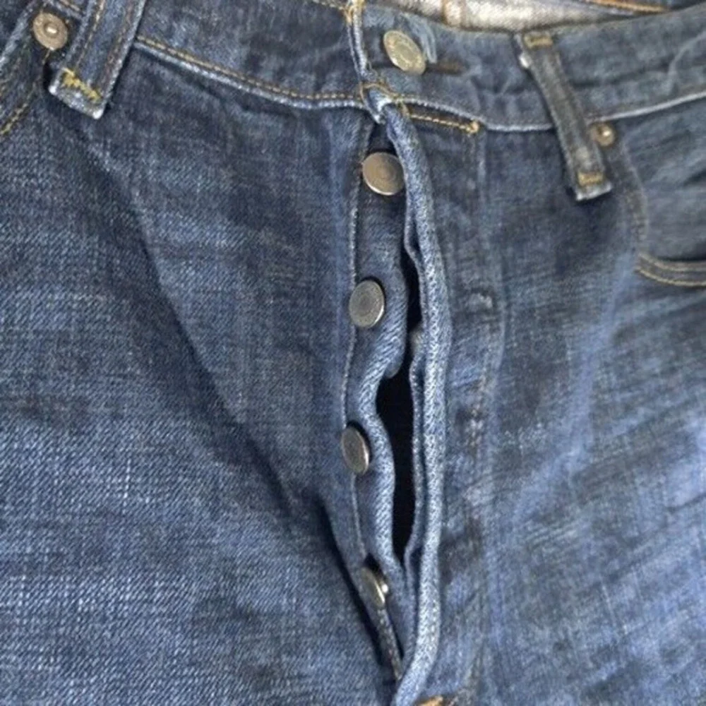 Levis Jeans Mens 36x28 Dark Wash Original Fit Button Fly Denim‎ Distressed *